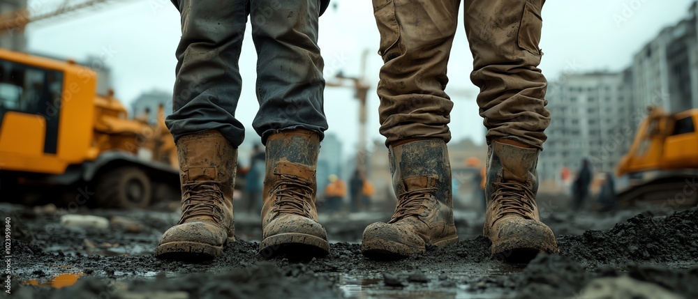 Construction workers legs on a busy building site, strong posture, industrial backdrop, showcasing the effort of labor Construction workers legs on a busy building site, strong posture, industrial backdrop, showcasing the effort of labor