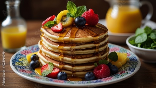 Photo of a stack of tall fluffy pancakes