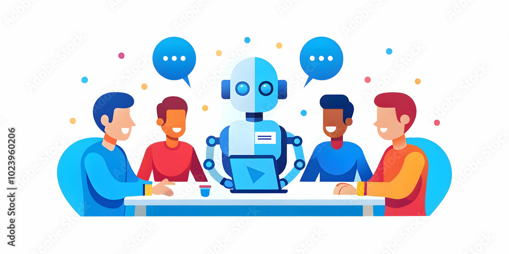 Futuristic Team Collaboration with Robotic Assistants: Macro Close-Up of Human-Robot Interaction in a Brainstorming Session with Copy Space for Text Futuristic Team Collaboration with Robotic Assistants: Macro Close-Up of Human-Robot Interaction in a Brainstorming Session with Copy Space for Text