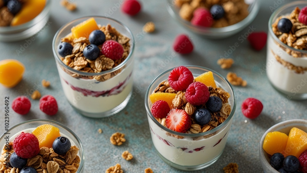 Photo of layered yogurt granola and fruits Photo of layered yogurt granola and fruits