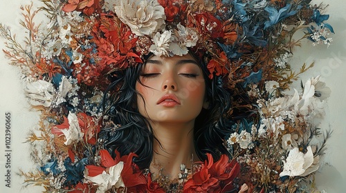 Woman Surrounded by Flowers: A Dreamlike Portrait