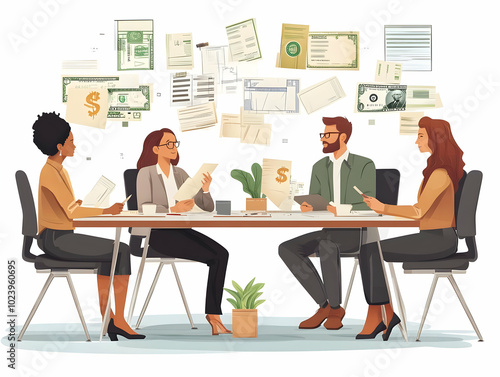 Flat Illustration of Marketers Planning Creative Currency-Themed Advertising Campaign with Notes and Sketches on White Background - Candid Image of Team Collaboration in Business