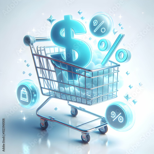 3D Shopping Cart Concept with Floating Holographic Dollar & Percentage Icons on Glossy White Surface - Side Angle Capture - Ideal for E-commerce Revenue and Sales Illustration