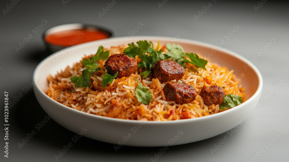 Delicious biryani served in white bowl, garnished with fresh cilantro and accompanied by side of spicy sauce. Delicious biryani served in white bowl, garnished with fresh cilantro and accompanied by side of spicy sauce.