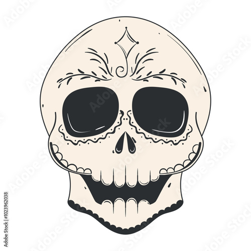 Sugar skull with intricate smiling face and bold patterns, Vector