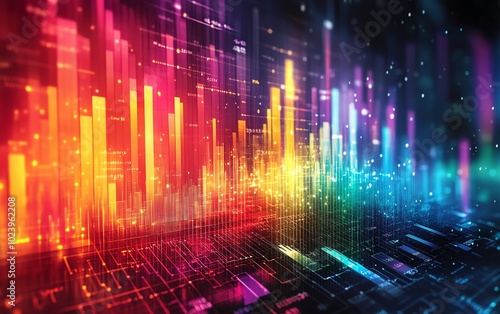 Brightly colored banking charts displaying investment fluctuations, colorful bar graphs rising and falling, engaging financial design