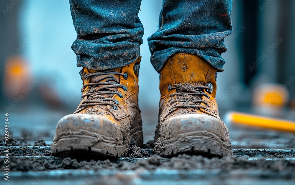 Closeup of a construction workers legs at a house construction site, sturdy footwear, tools visible, gritty work atmosphere Closeup of a construction workers legs at a house construction site, sturdy footwear, tools visible, gritty work atmosphere