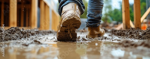 Closeup of a construction workers legs in motion, working on a house construction project, vibrant colors, engaging details photo