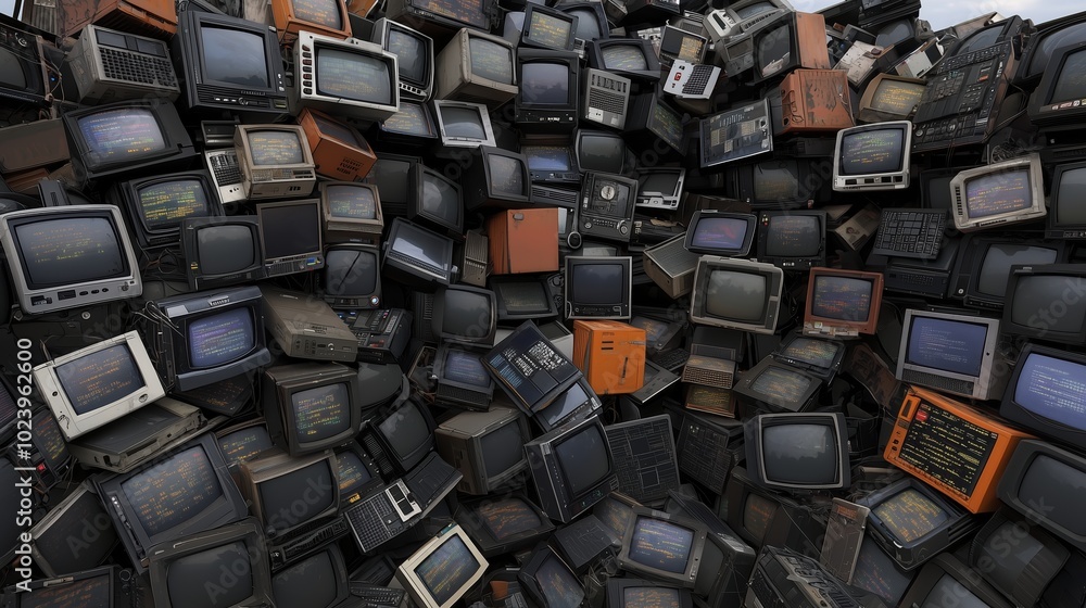 Fototapeta premium Pile of old televisions and boxes. Scene is one of clutter and disorganization