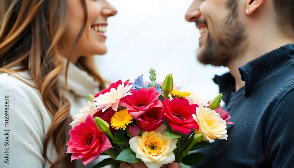 Couple holding a flower bouquet in a heartfelt moment, representing love, happiness, and connection Couple holding a flower bouquet in a heartfelt moment, representing love, happiness, and connection