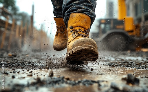 Legs of a construction worker in action, working on a building site, rugged boots, concrete background, dynamic construction environment photo