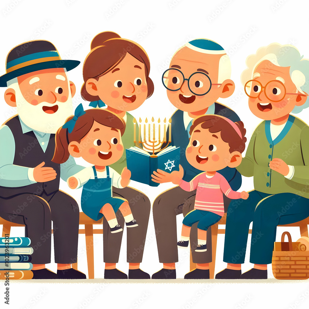 Heartwarming Illustration of Grandparents Telling Hanukkah Stories to Curious Grandchildren in a Candid Family Moment - Educational Scene Heartwarming Illustration of Grandparents Telling Hanukkah Stories to Curious Grandchildren in a Candid Family Moment - Educational Scene