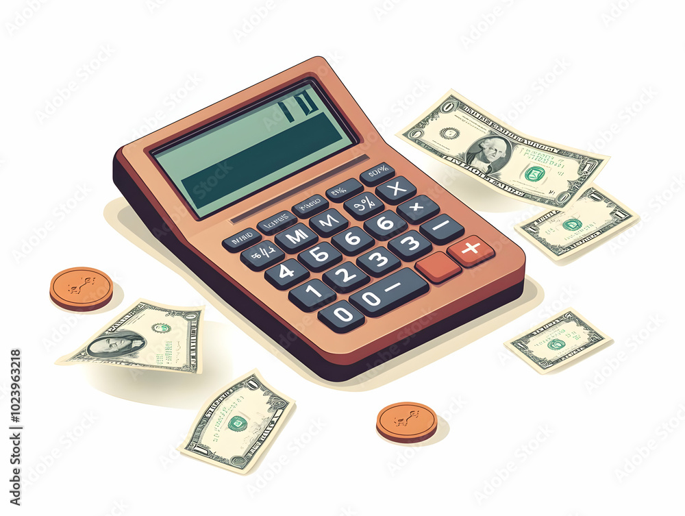 Flat vector illustration of a floating dollar bill and spinning calculator in mid-air on a white background, symbolizing financial planning and budgeting for ads related to budgeting apps and consumer Flat vector illustration of a floating dollar bill and spinning calculator in mid-air on a white background, symbolizing financial planning and budgeting for ads related to budgeting apps and consumer