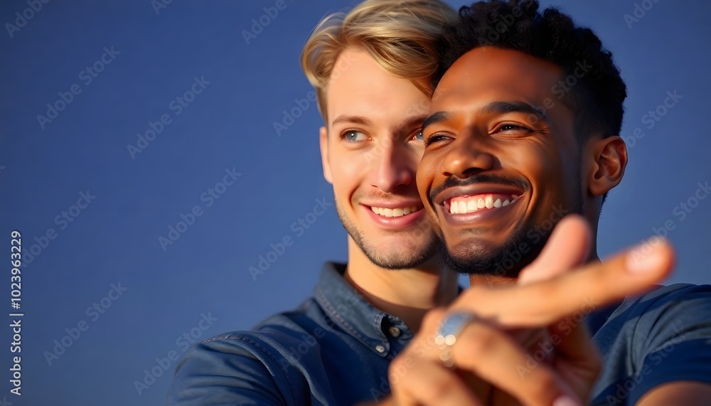 Interracial gay male couple dancing under the stars, embracing love and joy in a serene outdoor setting