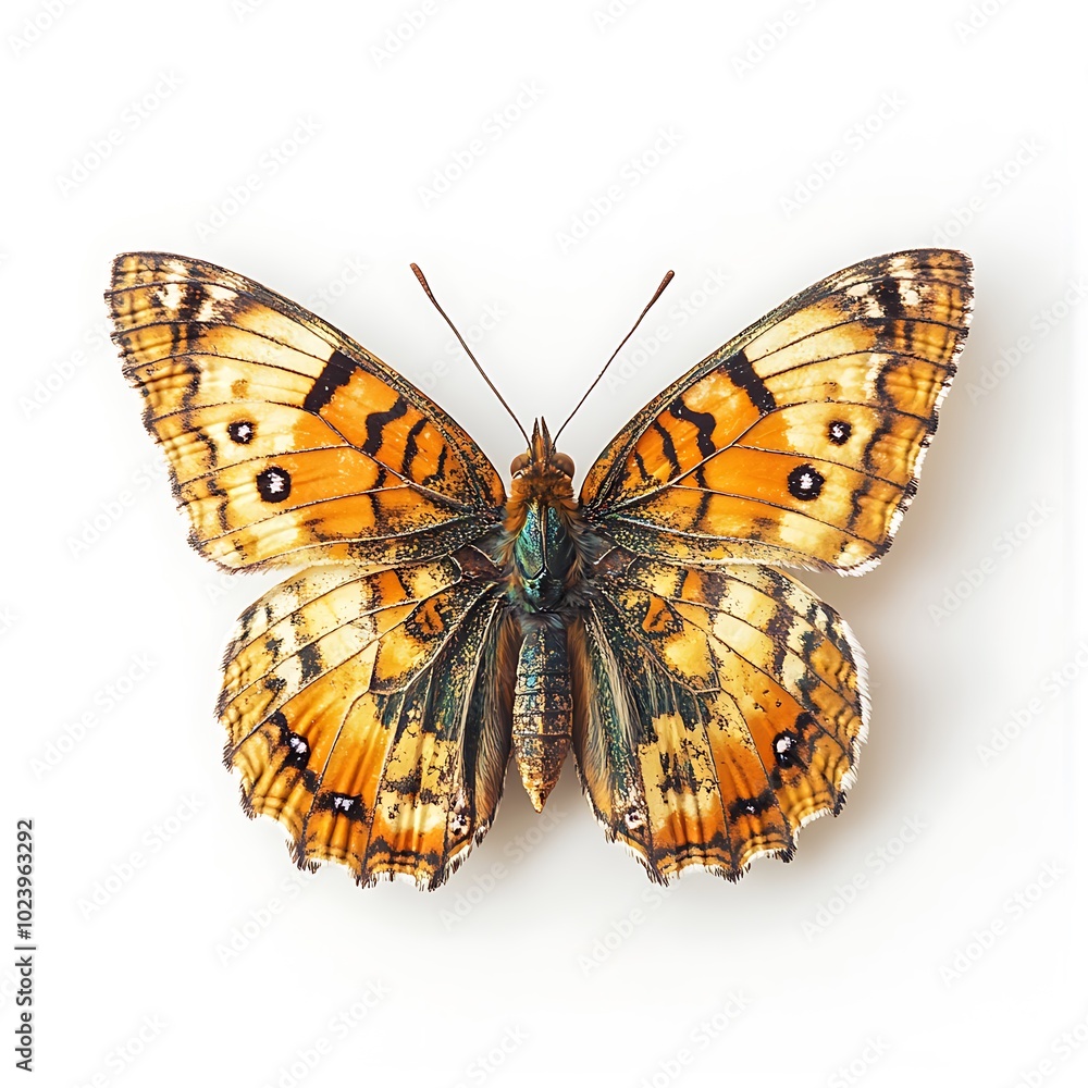 Obraz premium A vibrant butterfly with orange and black patterns, showcasing its intricate wing structure.