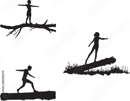 Silhouette of a person balancing on a fallen log, child walking along burnt log with outstretched arms vector