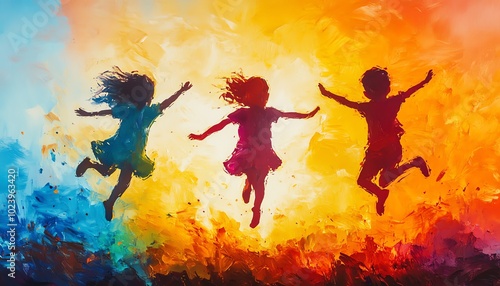 Vibrant colors surrounding three childrens silhouettes, creating a joyful and energetic atmosphere, visually stunning illustration photo