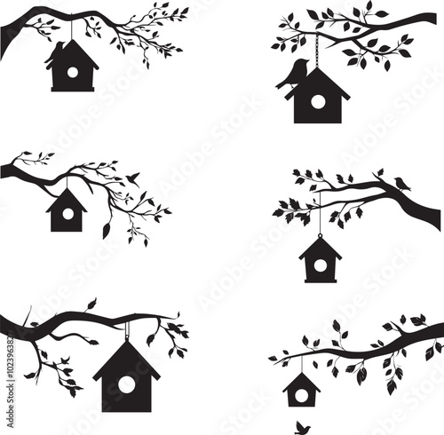 Silhouette of a birdhouse hanging from a tree branch, bird sitting on house vector icon