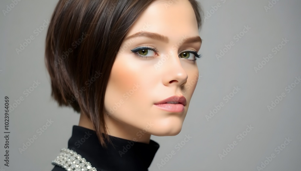 Naklejka premium Stylish model with a short bob hairstyle, embodying modern beauty and sophistication