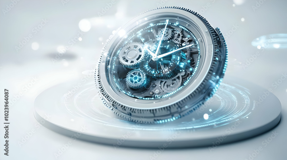 3D Floating Holographic Clock with Glowing Gears: A Minimalist Concept of Time, Growth, and AI Expertise on a Clean White Background 3D Floating Holographic Clock with Glowing Gears: A Minimalist Concept of Time, Growth, and AI Expertise on a Clean White Background