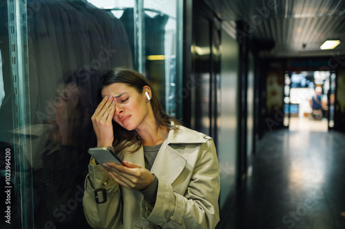 Stressed businesswoman reading bad news on smartphone and crying photo