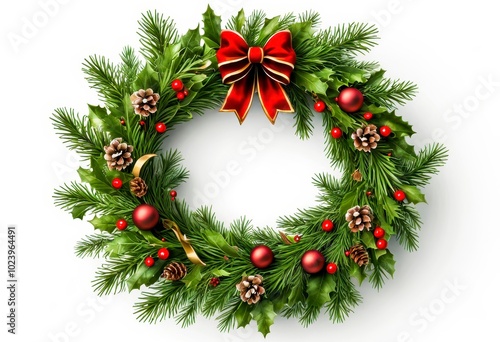 Festive Christmas Wreath With Red Ribbon, Pine Cones, and Decorative Ornaments on a White Background