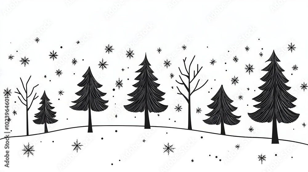 Obraz premium Minimalist christmas line art. Winter forest illustration