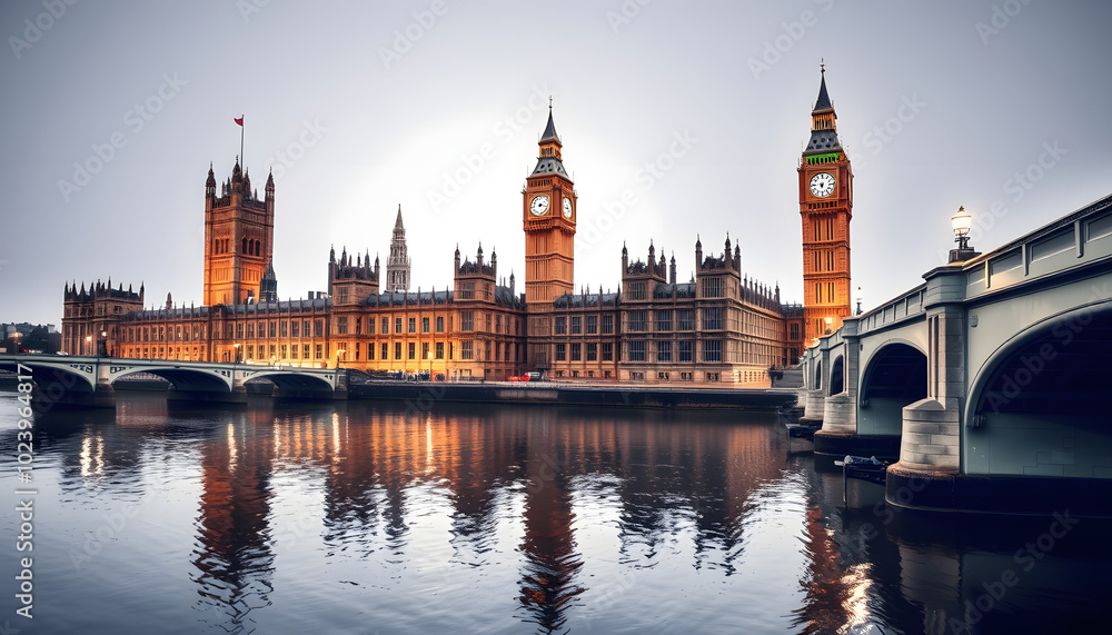 Naklejka premium Houses of parliament with Big Ben tower and Westminster bridge reflected in Thames river, London, UK isolated with white highlights, png