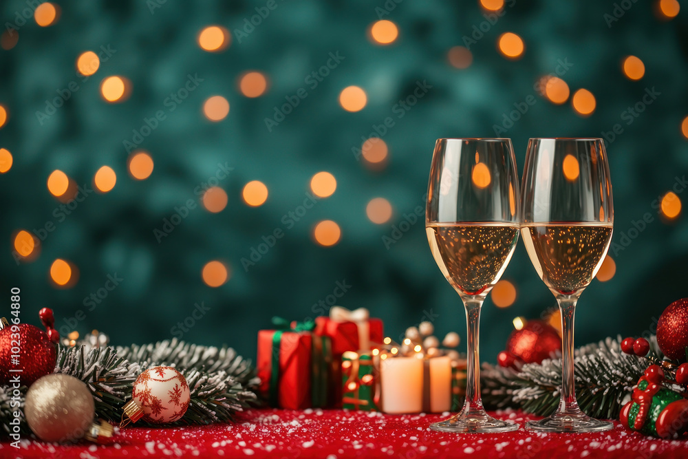 Cheers to festive season with two wine glasses, surrounded by holiday decorations. Cheers to festive season with two wine glasses, surrounded by holiday decorations.