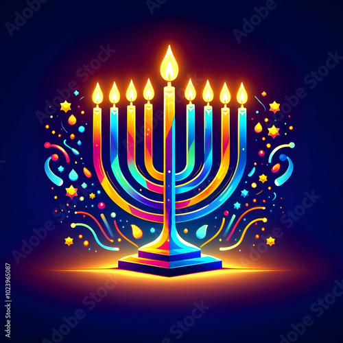 Flat Glowing Menorah with Candles - Vibrant Digital Art for Hanukkah Celebrations: Capture the Festive Spirit with Abstract Colors and Warmth