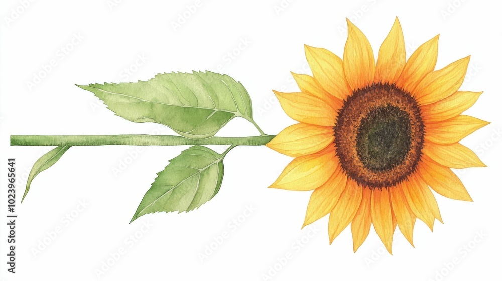 Naklejka premium Watercolor illustration of a sunflower with bright yellow petals, green leaves, and stem, set against a white background..