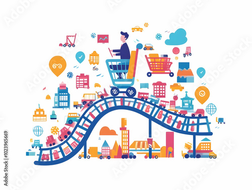 Vector Illustration of a Flat Retail Shopping Cart Transformed into a Rollercoaster, Representing the Thrills of Shopping Trends with Products as Passengers