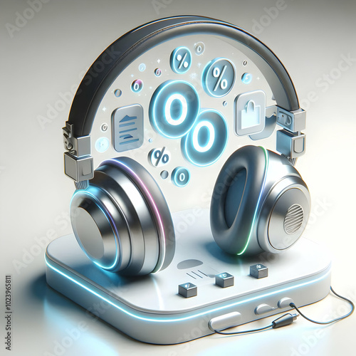 3D Headphones Concept with Holographic Deal Icons - Modern Design on Glossy Surface Featuring Sale Tag & Percentage Symbol for Offers | Top Down Angle | Ample Copy Space photo