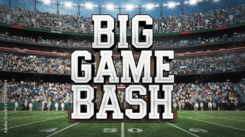 White and black text on a green field with a packed stadium, a sporting event, a celebration of the big game. 
