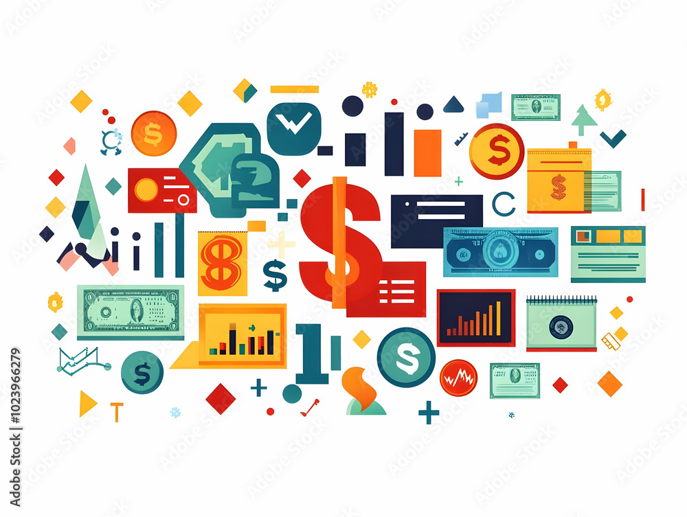 Flat Floating Financial Icons with Currency Symbols & Discount Tags - Vibrant Vector Illustration for Business Advertising and Financial Diversity Flat Floating Financial Icons with Currency Symbols & Discount Tags - Vibrant Vector Illustration for Business Advertising and Financial Diversity