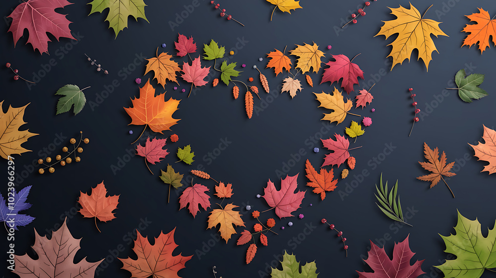 Autumn leaves in red and yellow forming a heart shape on a dark blue background, perfect for fall and Thanksgiving designs.
Autumn leaves in red and yellow forming a heart shape on a dark blue background, perfect for fall and Thanksgiving designs.