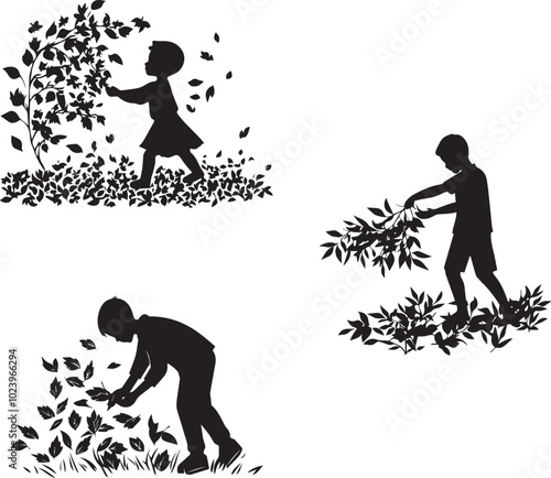 Silhouette of a person collecting leaves for crafting, autumn outdoor vector icon