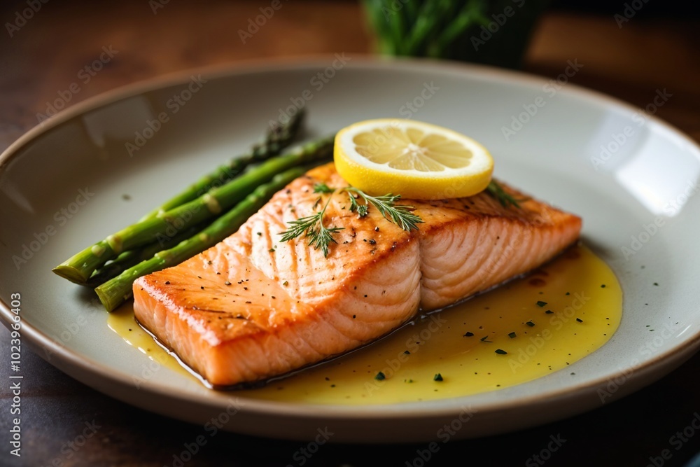 Grilled salmon fillet with lemon and asparagus, served on a plate, perfect for a nutritious meal. Grilled salmon fillet with lemon and asparagus, served on a plate, perfect for a nutritious meal.