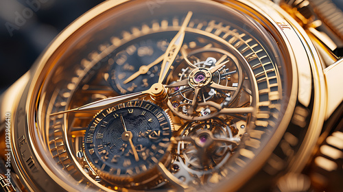 detailed shot of gold plated watch face showcasing intricate mechanics and craftsmanship, highlighting beauty of timekeeping. design features elegant gears and luxurious finish