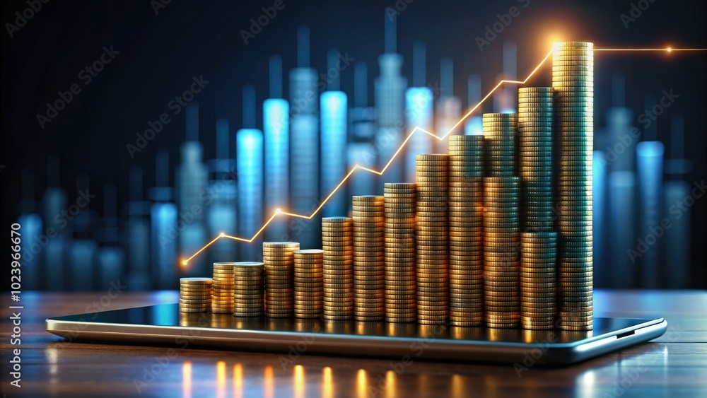 3D Financial Growth Chart with Coins and Tablet in Low Light for Investment Analysis 3D Financial Growth Chart with Coins and Tablet in Low Light for Investment Analysis