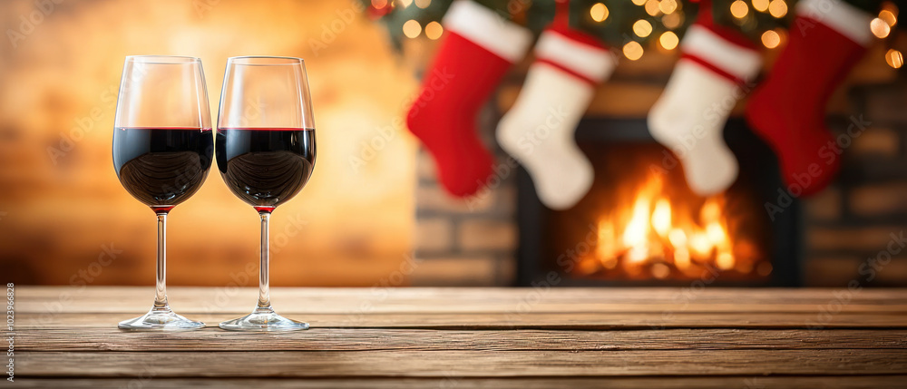 Obraz premium Two wine glasses on wooden table create cozy atmosphere by fireplace.