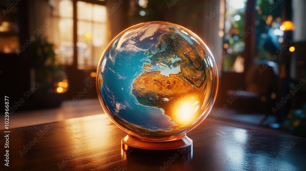 A glass globe sits on a wooden table in a room with a warm, ambient glow. A glass globe sits on a wooden table in a room with a warm, ambient glow.