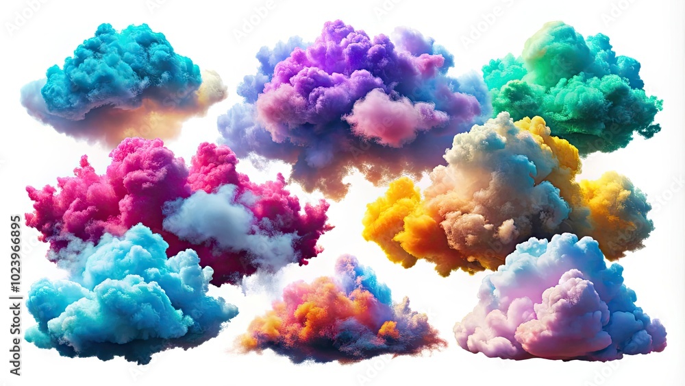 3D renderings of cumulus clouds showcased from multiple perspectives on a pristine white background, ideal for clip art applications. Perfect for creative projects and designs. 3D renderings of cumulus clouds showcased from multiple perspectives on a pristine white background, ideal for clip art applications. Perfect for creative projects and designs.