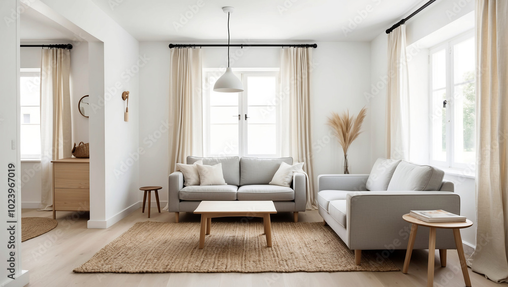 Fototapeta premium Modern living room with gray sofa and mix of wooden furniture