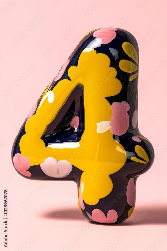 A number 4 isolated product in modern minimalist tabletop photography, firmly attached, with vibrant handpainted floral patterns in Russian folk art style in glossy lime yellow and pink colors. A number 4 isolated product in modern minimalist tabletop photography, firmly attached, with vibrant handpainted floral patterns in Russian folk art style in glossy lime yellow and pink colors.