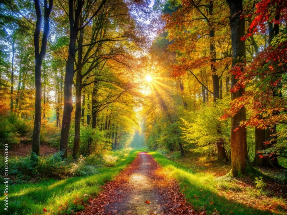 Obraz premium A tranquil summer forest path, sunlight dancing through vibrant leaves, and lush green grass creates a serene sanctuary, inviting quiet reflection and peaceful exploration.