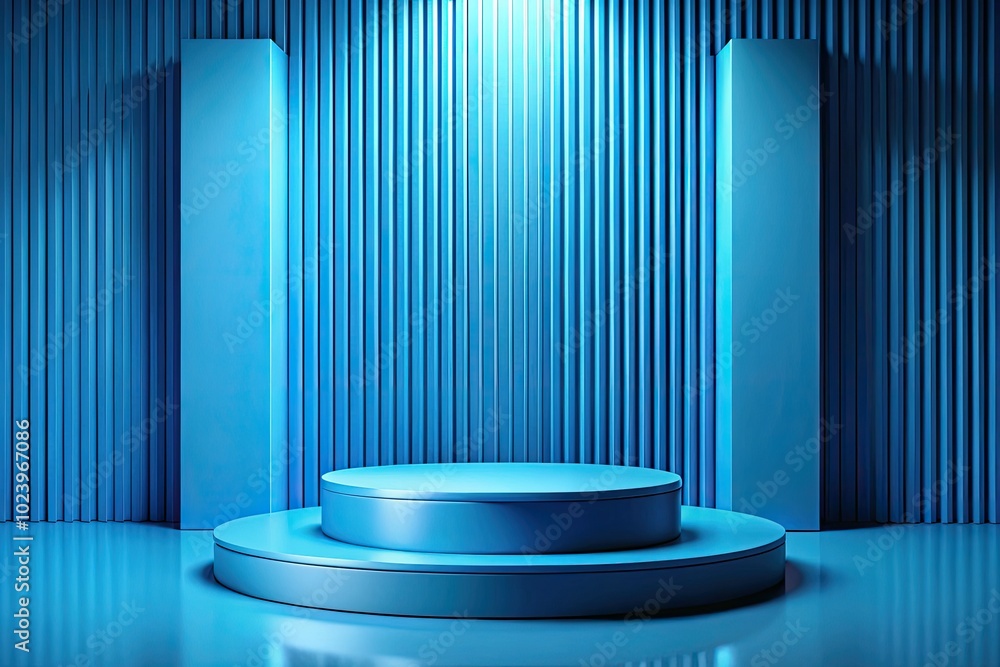 A 3D-rendered abstract Art Deco blue background features an empty podium, ideal for showcasing minimal product presentations in a stylish and modern setting. A 3D-rendered abstract Art Deco blue background features an empty podium, ideal for showcasing minimal product presentations in a stylish and modern setting.