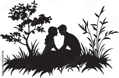 Silhouette of a couple enjoying a romantic black sunset,  couple silhouette vector