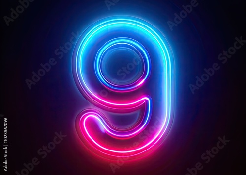 A 3D-rendered neon number nine glows in darkness, enhanced by pink and blue gradient laser rays and ultraviolet light, creating an electrifying visual effect.