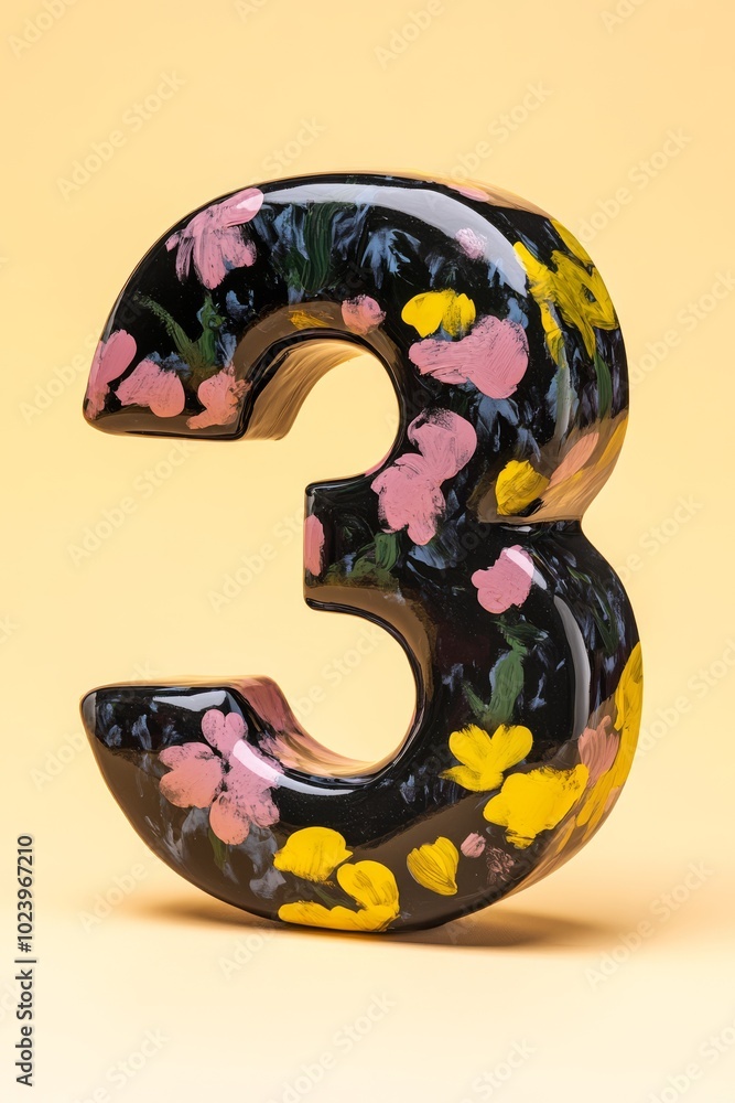 A number 3 isolated product in modern minimalist tabletop photography with vibrant handpainted floral patterns in Russian folk art style, glossy lime yellow and pink colors. A number 3 isolated product in modern minimalist tabletop photography with vibrant handpainted floral patterns in Russian folk art style, glossy lime yellow and pink colors.